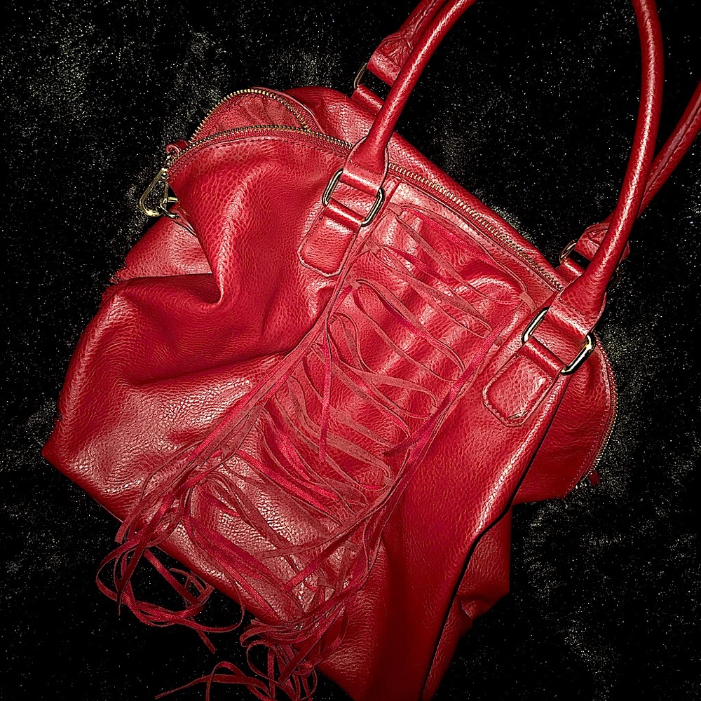 Maroon Fringe Bag From Mark. By Avon double purse handles,Long adjustable strap.
